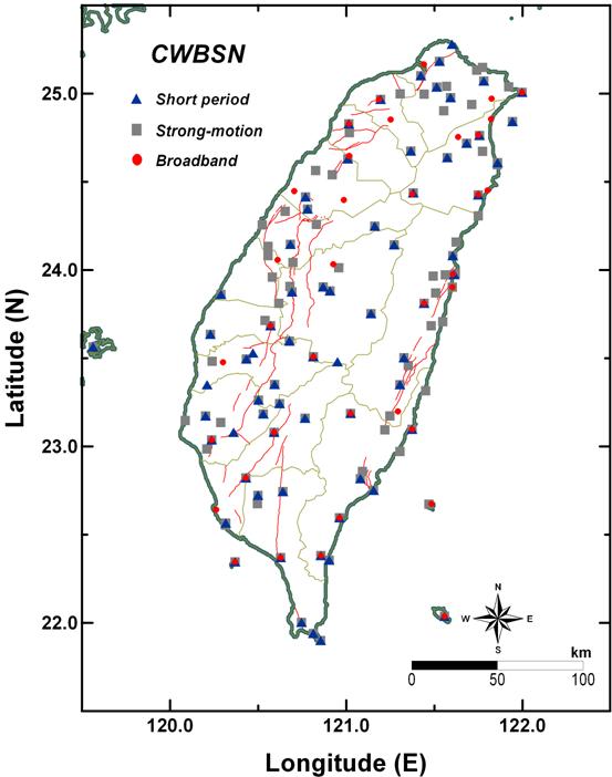 中央氣象署地震觀測網測站分布圖