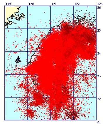 1991～2008地震震央分布圖