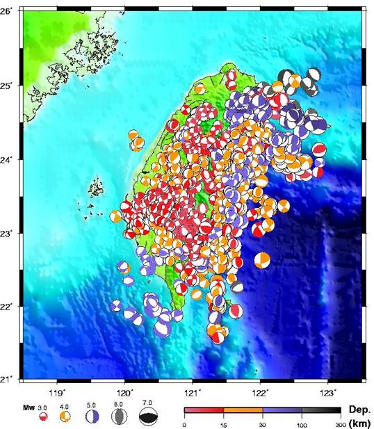 1991～2008年共2,243個由短週期地震紀錄分析所獲之Ｐ波初動解之分布圖