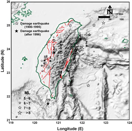 臺灣地區20世紀以來災害性地震之震央分布圖