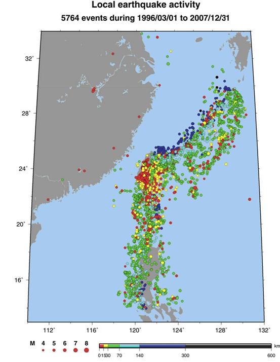 自1996年至2007年，BATS寬頻地震網在Local區域截取地震波形資料之地震分布圖