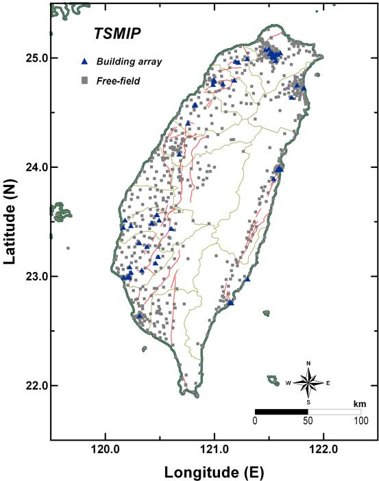 臺灣強地動觀測網測站分布圖