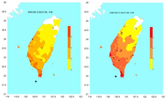 依據2006年12月26日恆春地震自由場強震資料所繪製之震度等值圖