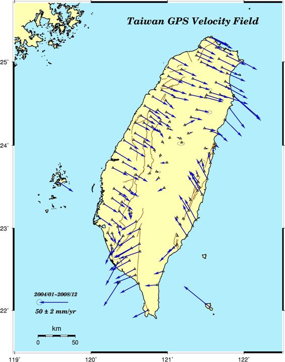 臺灣地區2004至2008年平均水平絕對速度場圖