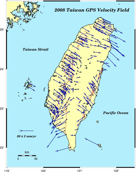 臺灣地區2008年平均水平絕對速度場圖