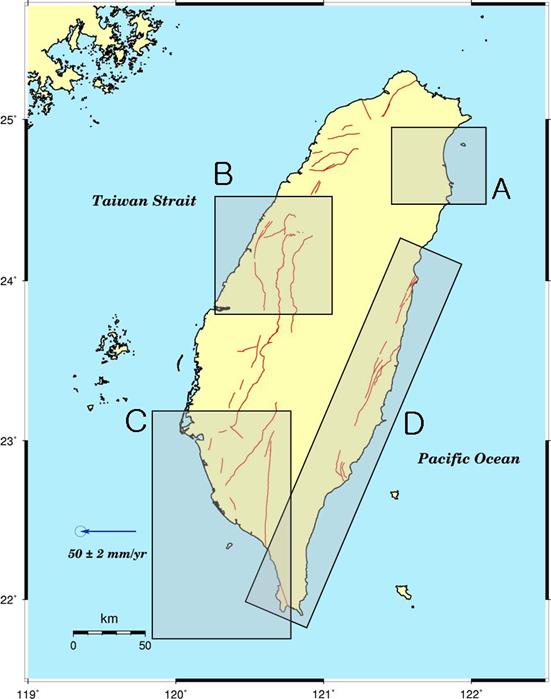 臺灣地區四個區域剖面的位置圖