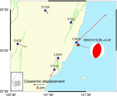 2003年12月10日臺東成功地震水平向同震變形分布圖