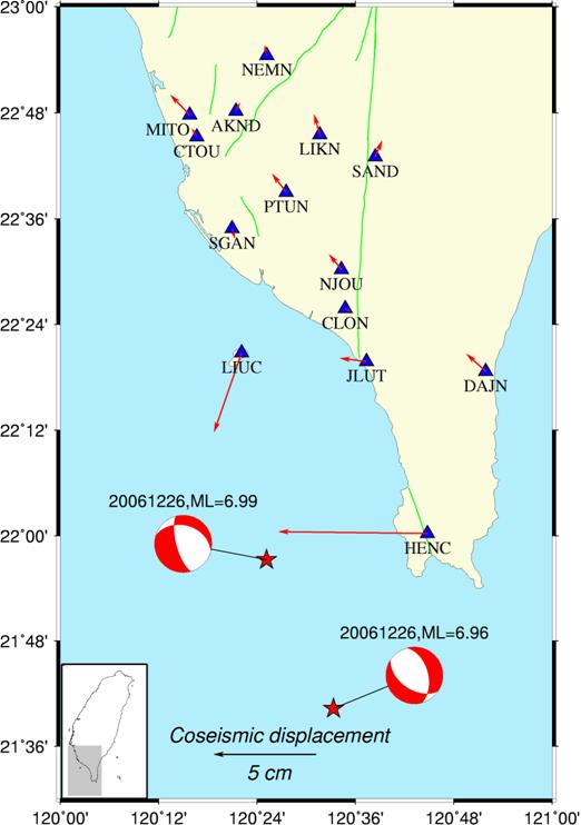 2006年12月26日恆春地震水平向同震變形分布圖