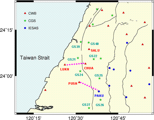彰化斷層周遭GPS測站分布圖