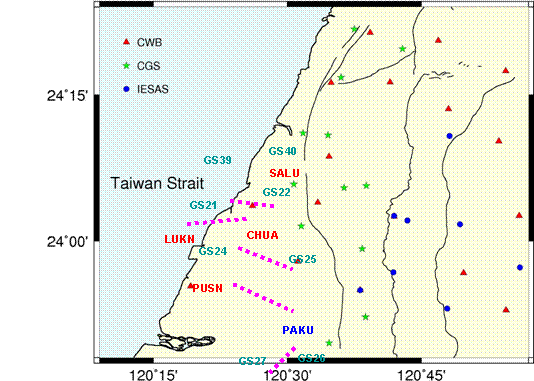 彰化斷層周遭GPS測站分布圖