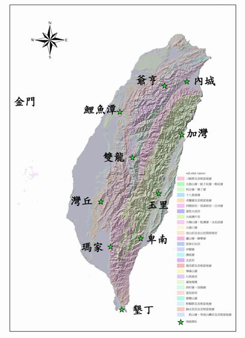 中央氣象署地磁觀測網測站分布圖