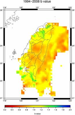 臺灣地區1994至2008年之b值等值圖