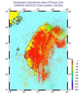 1994～2005年臺灣地區地震分布圖篩選前