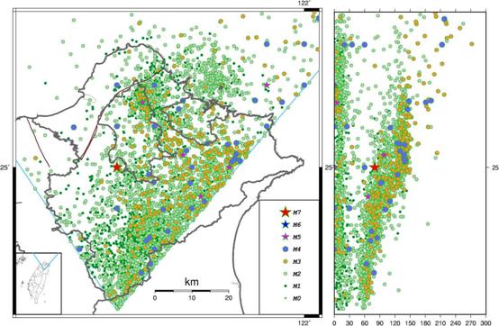 臺北分區1900至2008年地震震央分布圖