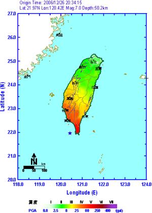 民國95年12月26日恆春地震第二起地震之等震度圖