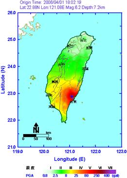 2006年4月1日臺東地震之等震度圖