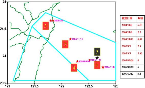 2004～2006花蓮B區規模5.5以上地震震央位置
