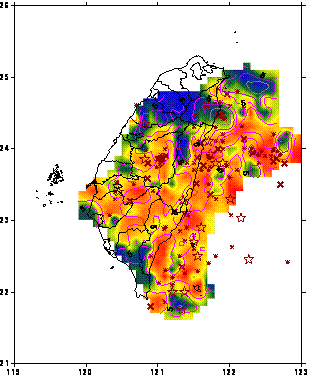 淺層背景地震觀測資料a（等值線）和b（顏色）值之空間上之分析，符號表1930年後規模大於6之地震