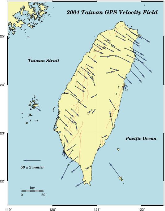 2004年臺灣GPS水平速度場分布