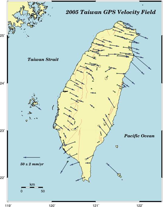 2005年臺灣GPS水平速度場分布