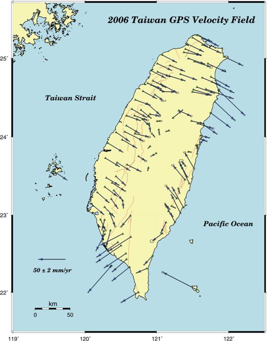 2006年臺灣GPS水平速度場分布