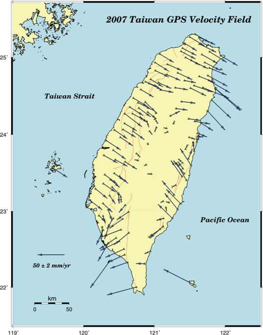2007年臺灣GPS水平速度場分布