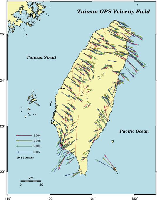 2004年至2007年之GPS近絕對變形年平均速度場