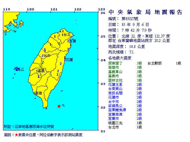 9月6日7時42分 規模 7.1 台東蘭嶼地震站西方  20.2  公里