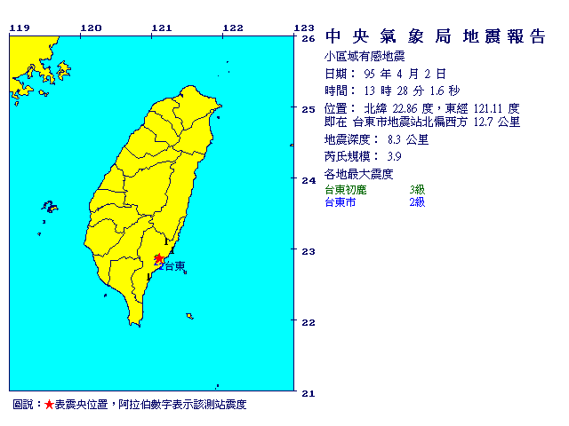 4月2日13時28分 規模 3.9 台東市地震站北偏西方  12.7  公里