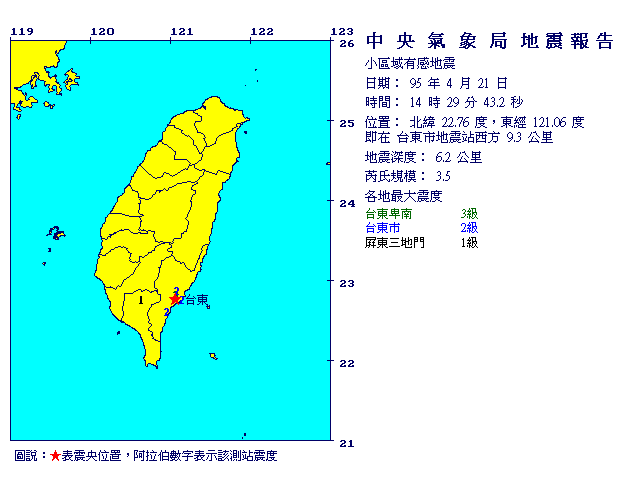 4月21日14時29分 規模 3.5 台東市地震站西方  9.3  公里