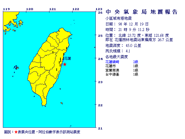 12月19日21時9分 規模 4.1 花蓮西林地震站東偏南方  26.7  公里