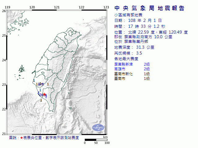 2月1日17時33分 規模 3.5 屏東縣政府南方  10.0  公里 (位於屏東縣萬丹鄉)