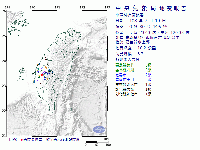 7月19日0時30分 規模 3.7 嘉義縣政府東偏南方  8.9  公里 (位於嘉義縣水上鄉)