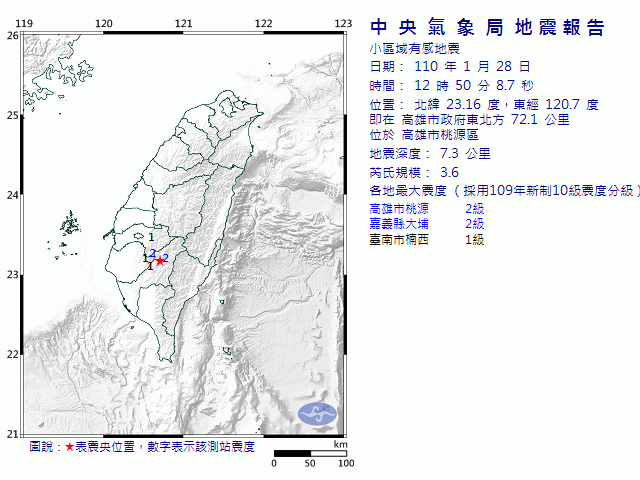1月28日12時50分 規模 3.6 高雄市政府東北方  72.1  公里 (位於高雄市桃源區)