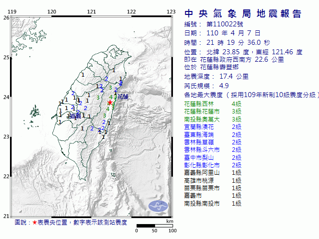 4月7日21時19分 規模 4.9 花蓮縣政府西南方  22.6  公里 (位於花蓮縣壽豐鄉)
