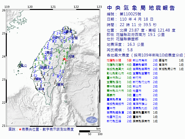 4月18日22時11分 規模 5.8 花蓮縣政府西南方  19.1  公里 (位於花蓮縣壽豐鄉)