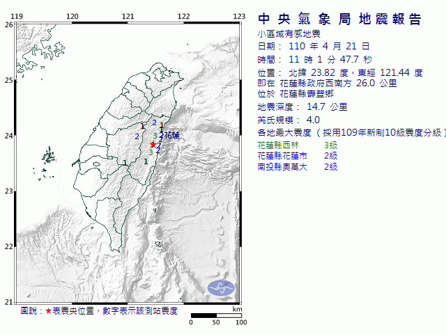 4月21日11時1分 規模 4 花蓮縣政府西南方  26.0  公里 (位於花蓮縣壽豐鄉)