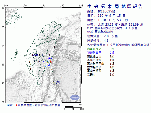 9月15日18時50分 規模 4.5 臺東縣政府北北東方  51.3  公里 (位於臺東縣成功鎮)