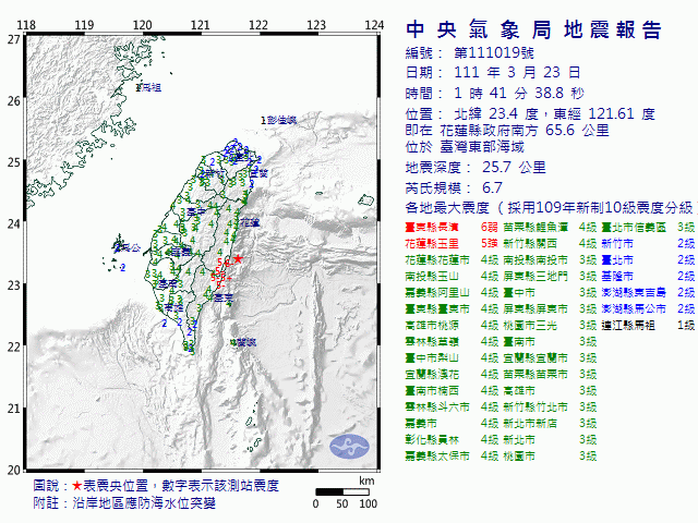 3月23日1時41分 規模 6.7 花蓮縣政府南方  65.6  公里 (位於臺灣東部海域)