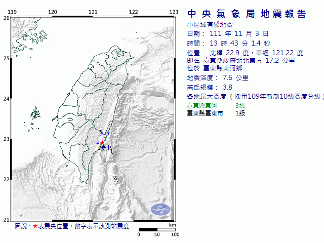 11月3日13時43分 規模 3.8 臺東縣政府北北東方  17.2  公里 (位於臺東縣東河鄉)