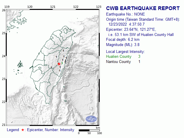 12/23 4:37 M<sub>L</sub> 3.8 23.64N 121.27E, i.e. 53.1 km SW of Hualien County