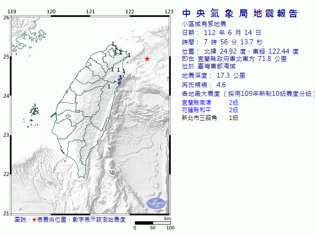 6月14日7時56分 規模 4.6 宜蘭縣政府東北東方  71.8  公里 (位於臺灣東部海域)
