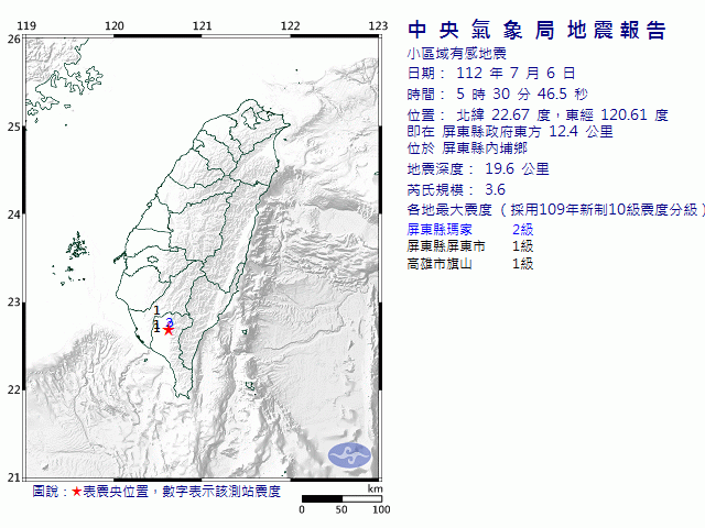 7月6日5時30分 規模 3.6 屏東縣政府東方  12.4  公里 (位於屏東縣內埔鄉)
