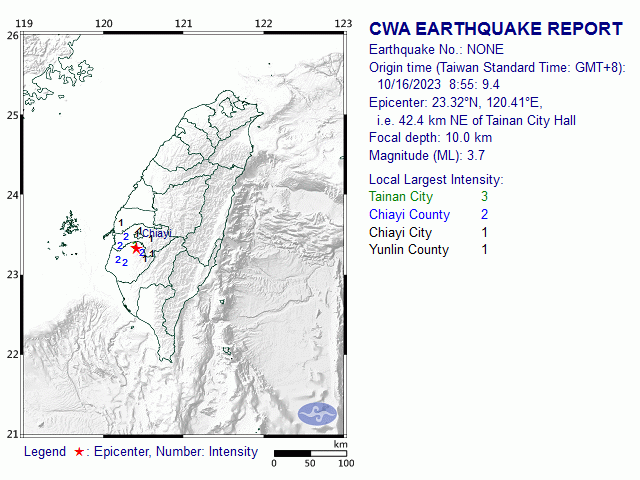 10月16日8時55分 規模 3.7 23.32N 120.41E, i.e. 42.4 km NE of Tainan City