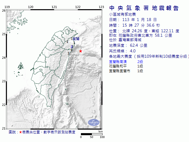 1月18日15時27分 規模 4 花蓮縣政府東北東方  58.1  公里 (位於臺灣東部海域)