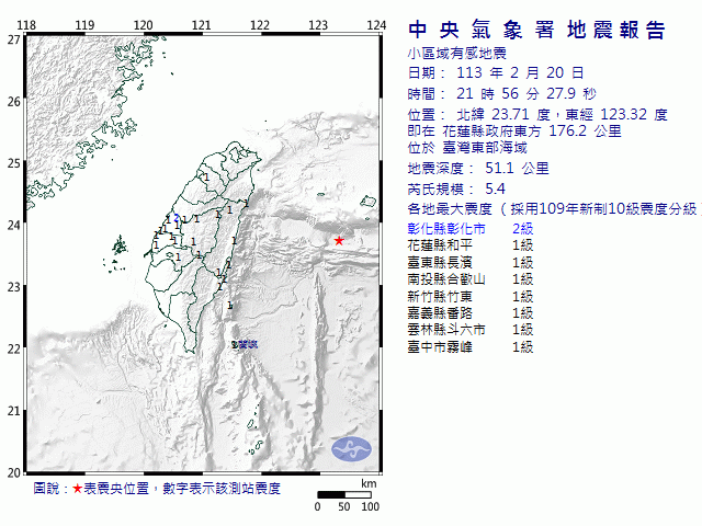 2月20日21時56分 規模 5.4 花蓮縣政府東方  176.2  公里 (位於臺灣東部海域)