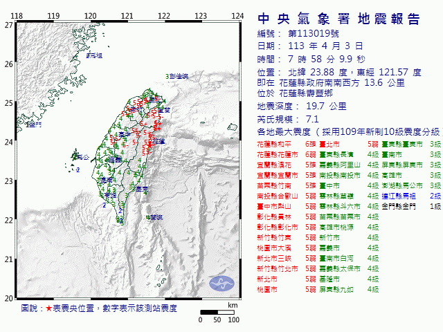 4月3日7時58分 規模 7.1 花蓮縣政府南南西方  13.6  公里 (位於花蓮縣壽豐鄉)