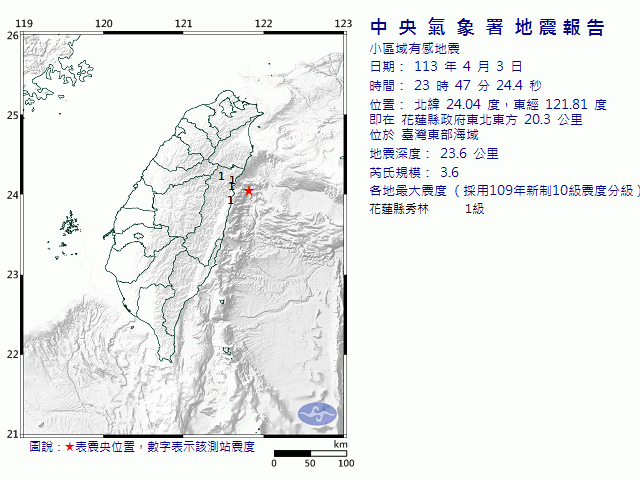 4月3日23時47分 規模 3.6 花蓮縣政府東北東方  20.3  公里 (位於臺灣東部海域)