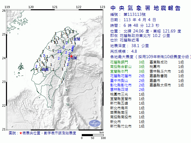 4月4日6時48分 規模 4.8 花蓮縣政府東北方  10.2  公里 (位於花蓮縣近海)