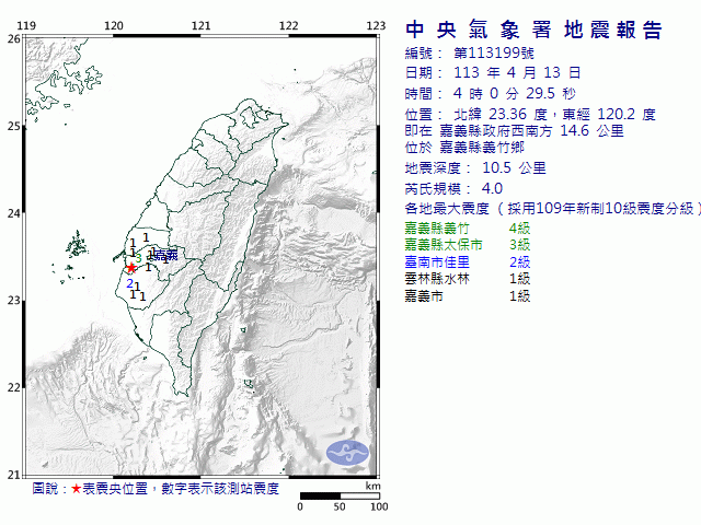 4月13日4時0分 規模 4 嘉義縣政府西南方  14.6  公里 (位於嘉義縣義竹鄉)